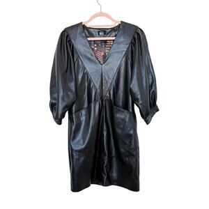 Mother Denim Faux‎ Leather V Neck Dolman Sleeve Mini Dress in Black Size Large